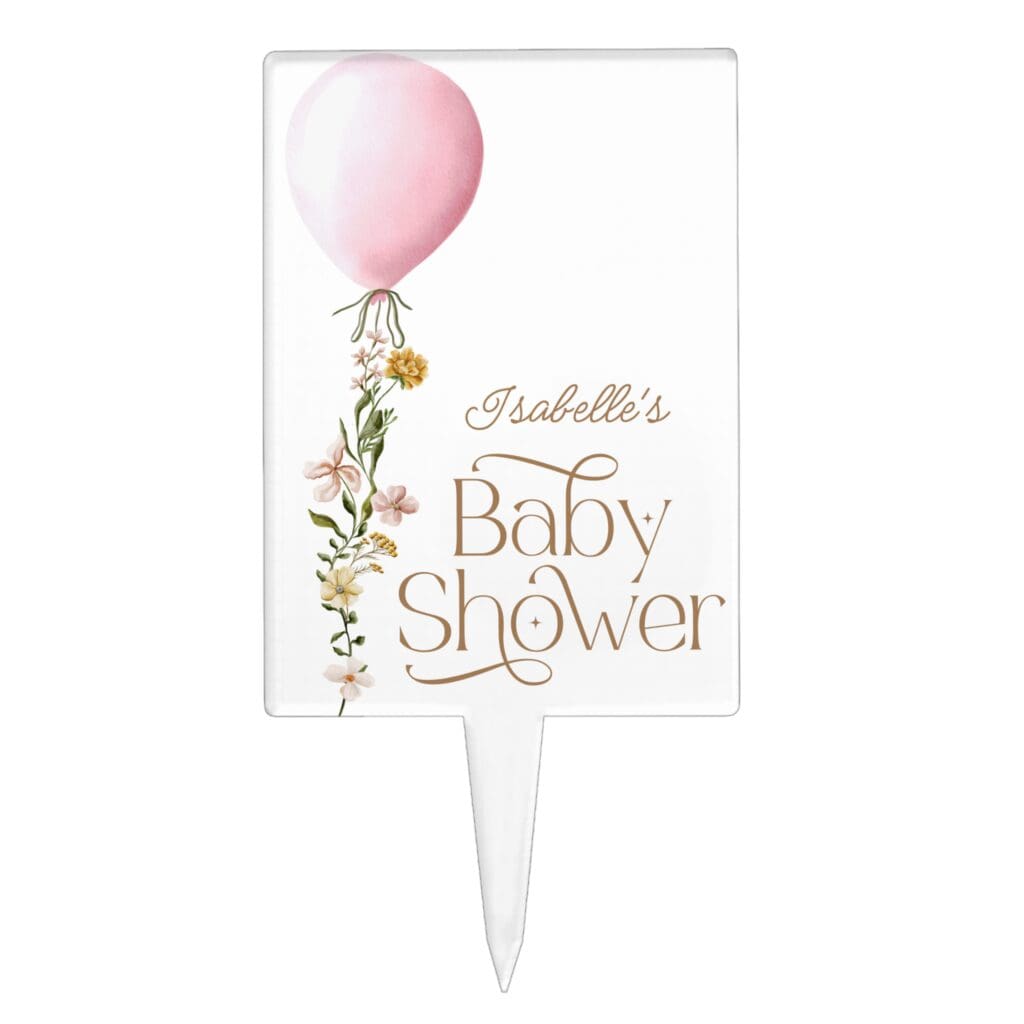 Custom Pink Balloon Floral Girl Baby Shower Cake Topper