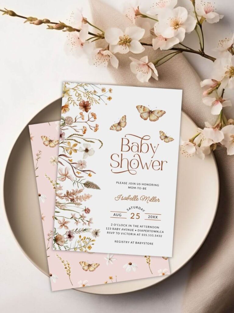 Pink Boho Butterfly Baby Shower Invitation