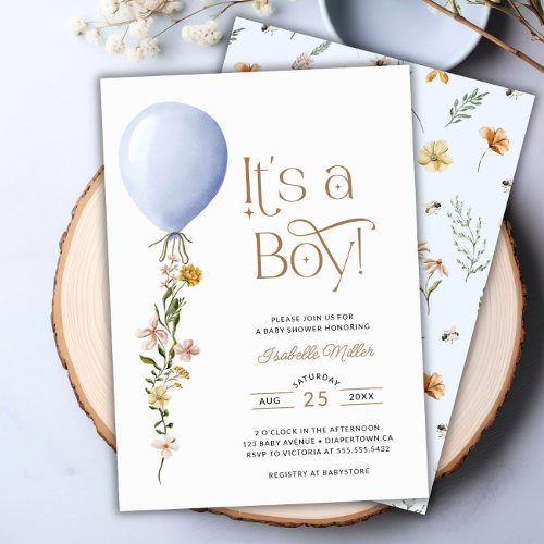 Boy Baby Shower invitation with a watercolor balloon illustration and an elegant wildflower cord.